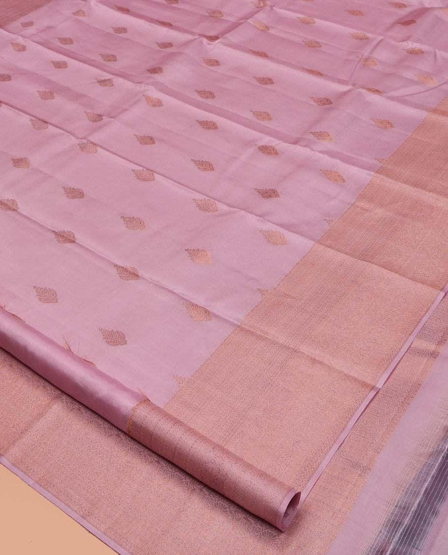 Pink Kanchipuram Silk Saree, Crafted with Zari Buttas All Over Its Body, Highlighted by a Zari Border of Traditional Designs, Intricately Designed Pallu, and Paired with a Matching Blouse