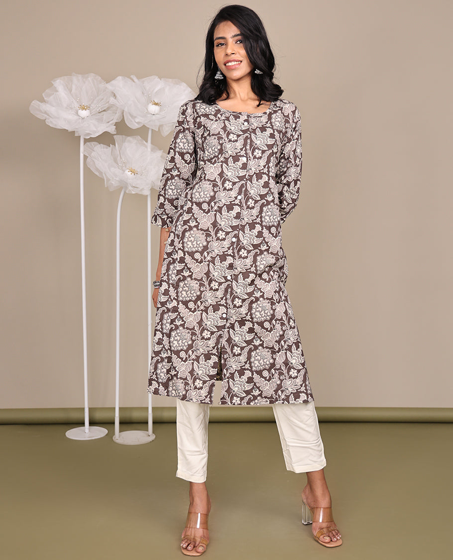 Brown Floral Printed Below-Knee-Length Cotton Kurti, Adorned with Round Neckline, 3/4 Sleeves, and A-Line Length