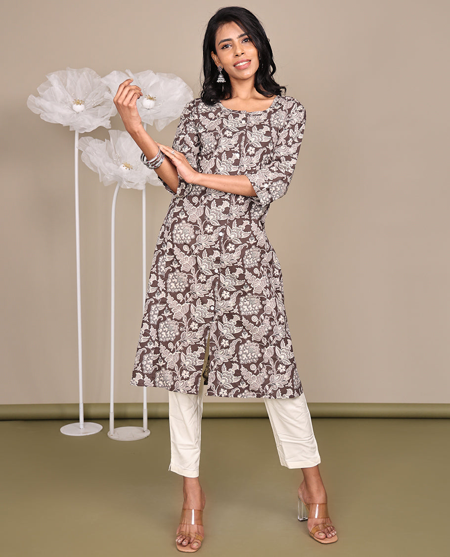 Brown Floral Printed Below-Knee-Length Cotton Kurti, Adorned with Round Neckline, 3/4 Sleeves, and A-Line Length