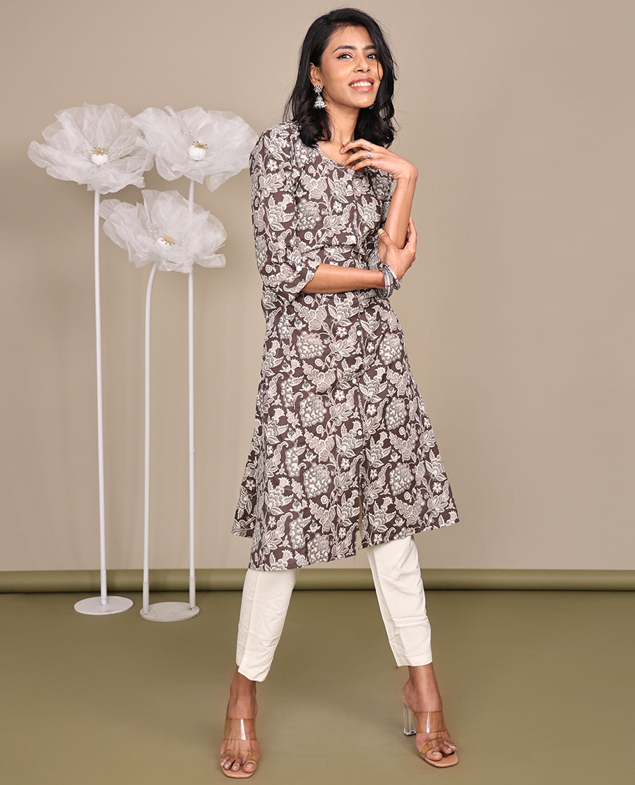 Brown Floral Printed Below-Knee-Length Cotton Kurti, Adorned with Round Neckline, 3/4 Sleeves, and A-Line Length