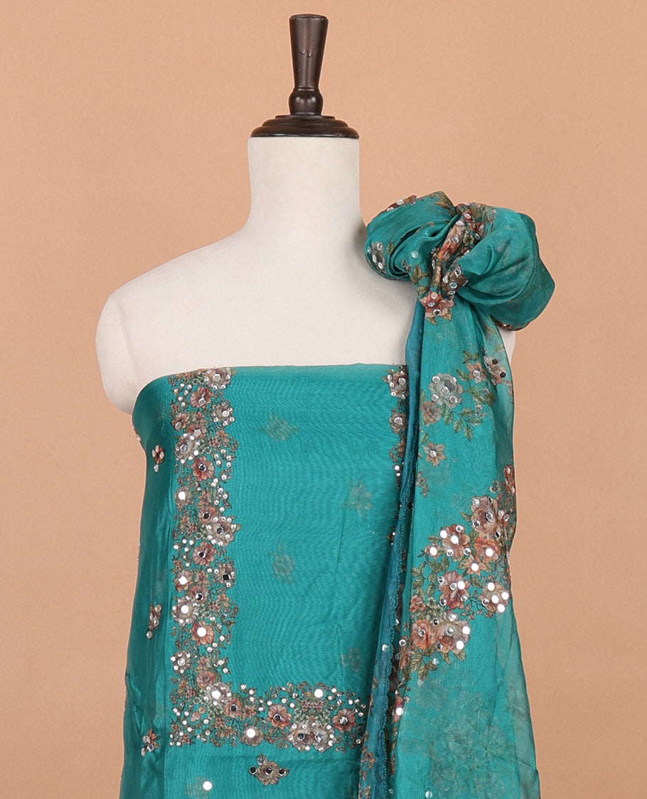 Green floral print, stone, mirror work organza chudidhar material top with santoon material pant & floral print, mirror work dupatta