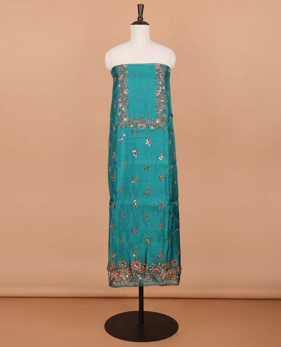 Green floral print, stone, mirror work organza chudidhar material top with santoon material pant & floral print, mirror work dupatta