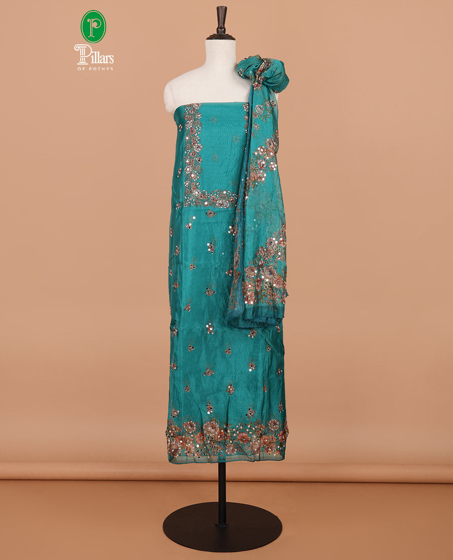 Green floral print, stone, mirror work organza chudidhar material top with santoon material pant & floral print, mirror work dupatta
