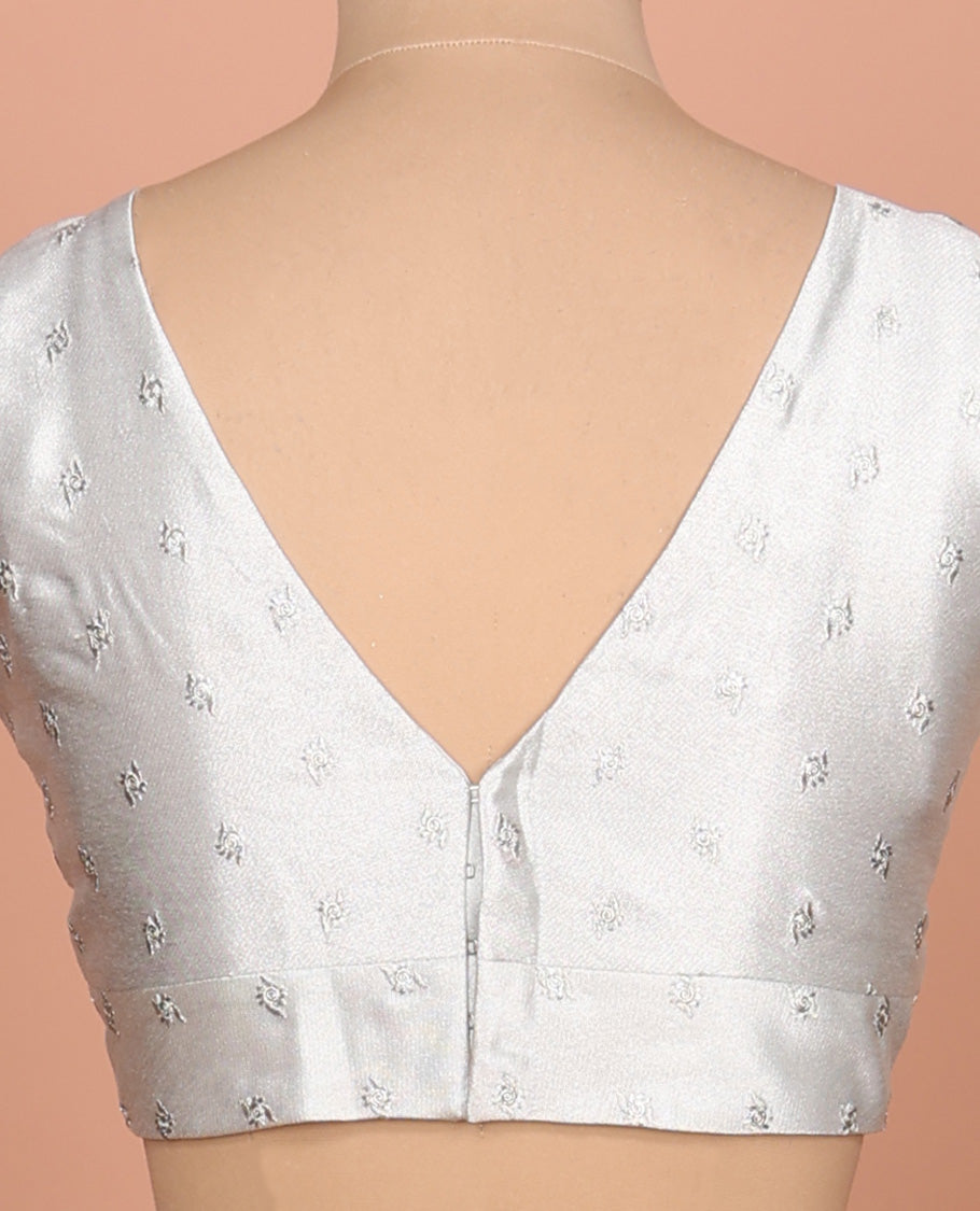 Sliver embroidered buttas front-back V-neck sleeveless readymade blouse