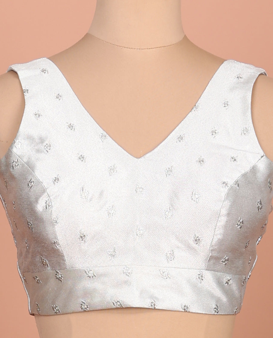Sliver embroidered buttas front-back V-neck sleeveless readymade blouse