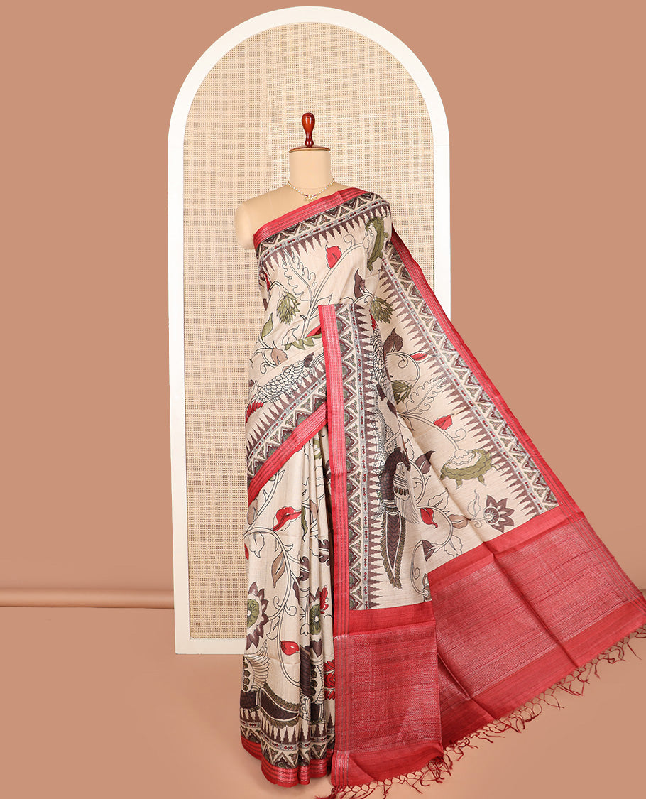 Sandal kalamkari floral and floral vine printed tussar saree, contrast border, and striped pallu