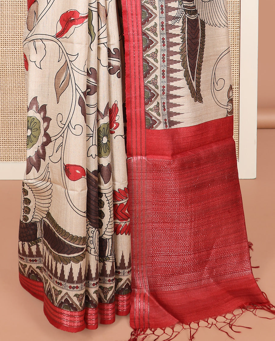 Sandal kalamkari floral and floral vine printed tussar saree, contrast border, and striped pallu