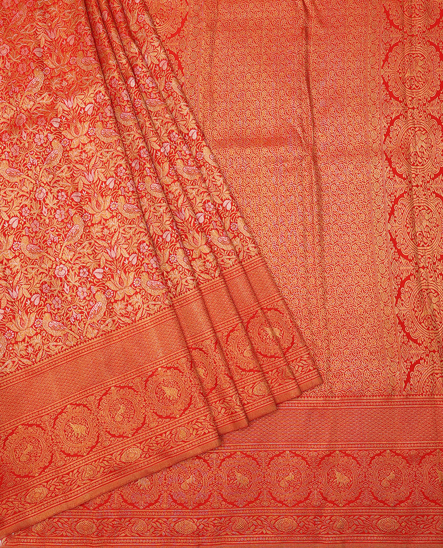 Red jacquard silk saree, zari border of rekku,rettai neli,jaal,kodi visiry,round yaanai & round mayil & intricate pallu