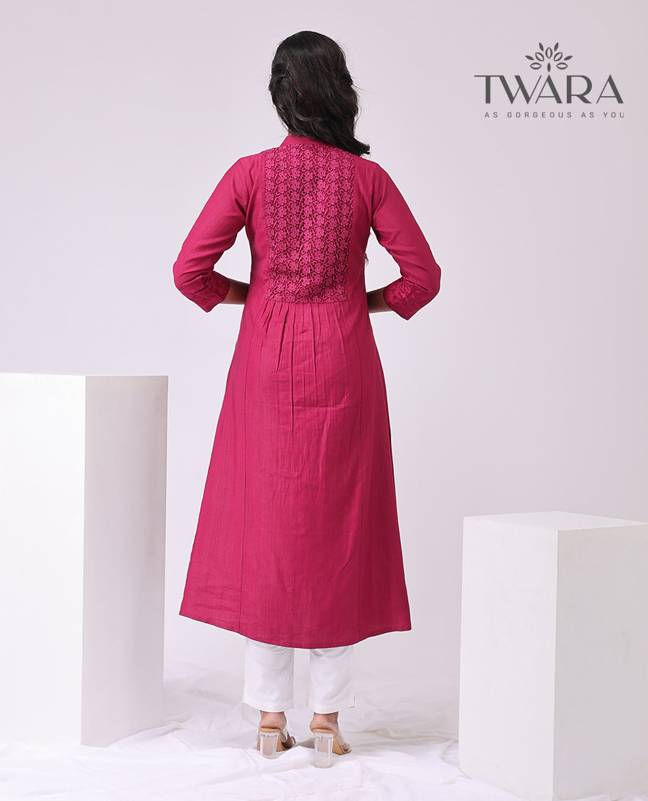 Twara Maroon embroidered motifs chinese neck, 3/4 th sleeve , bleow knee lenght kurti