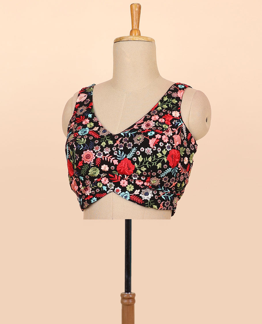 Black floral embroidered front & back deep v-neck raw-silk readymade sleeveless blouse