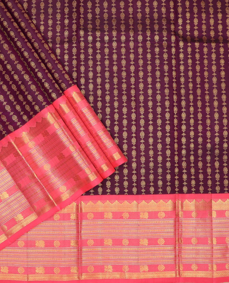 Purple pure-silk half-saree, buttas with a contrast mayil chakram bordered skirt, contrast blouse, and a leaf jaal dhavani