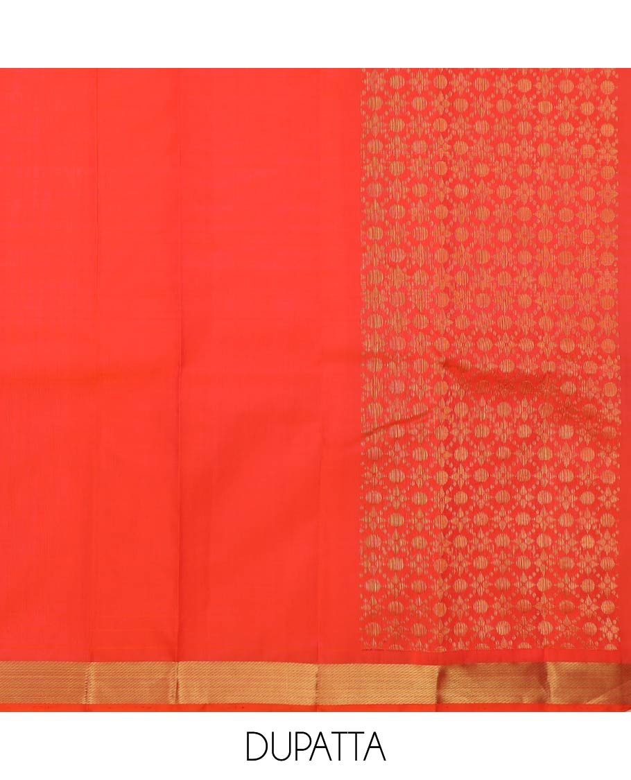 Purple pure-silk half-saree, buttas with a contrast mayil chakram bordered skirt, contrast blouse, and a leaf jaal dhavani