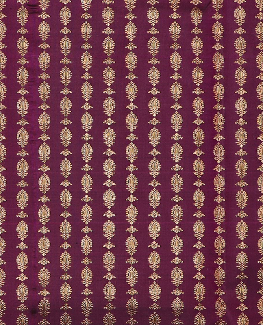 Purple pure-silk half-saree, buttas with a contrast mayil chakram bordered skirt, contrast blouse, and a leaf jaal dhavani