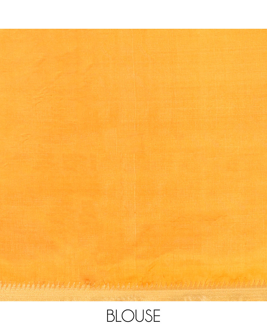 Yellow Banana Pith Saree, Sparsely Sparkled with Buttas All Over Its Body, Highlighted by Temple Zari Border, Pallu Steeped with Stripes, and Paired with a Matching Blouse