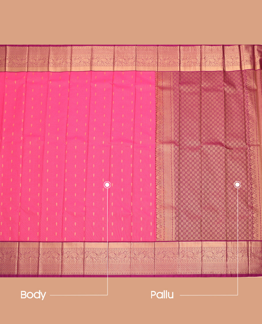 Pink Budget Silk Saree, Steeped with Buttas and Stripes All Over Its Body, Complemented by Contrast Traditional Zari Designs Woven Border, Grand Jaal Pallu and Paired with a Contrast Blouse