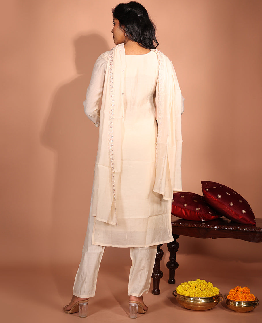 Cream Chanderi Silk Readymade Suit