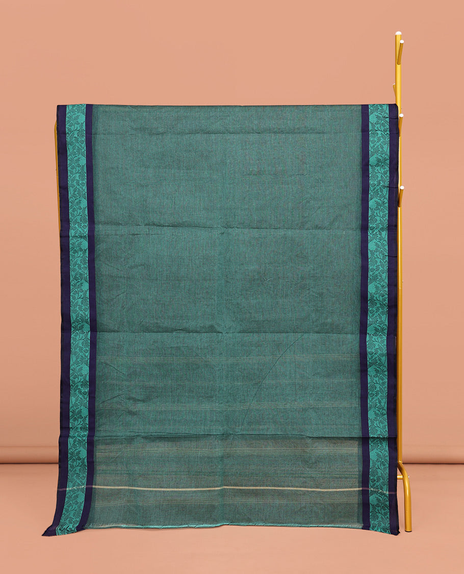 Blue Plain Bengal Cotton Saree, Complemented by a Contrast Floral Creeper Design Border, Pallu of Stripes, and Paired with a Matching Blouse