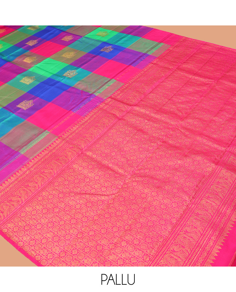 Borderless Multi-Color Palum Pazhamum Checked Kanchipuram Silk Saree, Adorned with Zari Buttas, Complemented by a Contrast Butta Enclosed Checked Pallu, and a Contrast Blouse