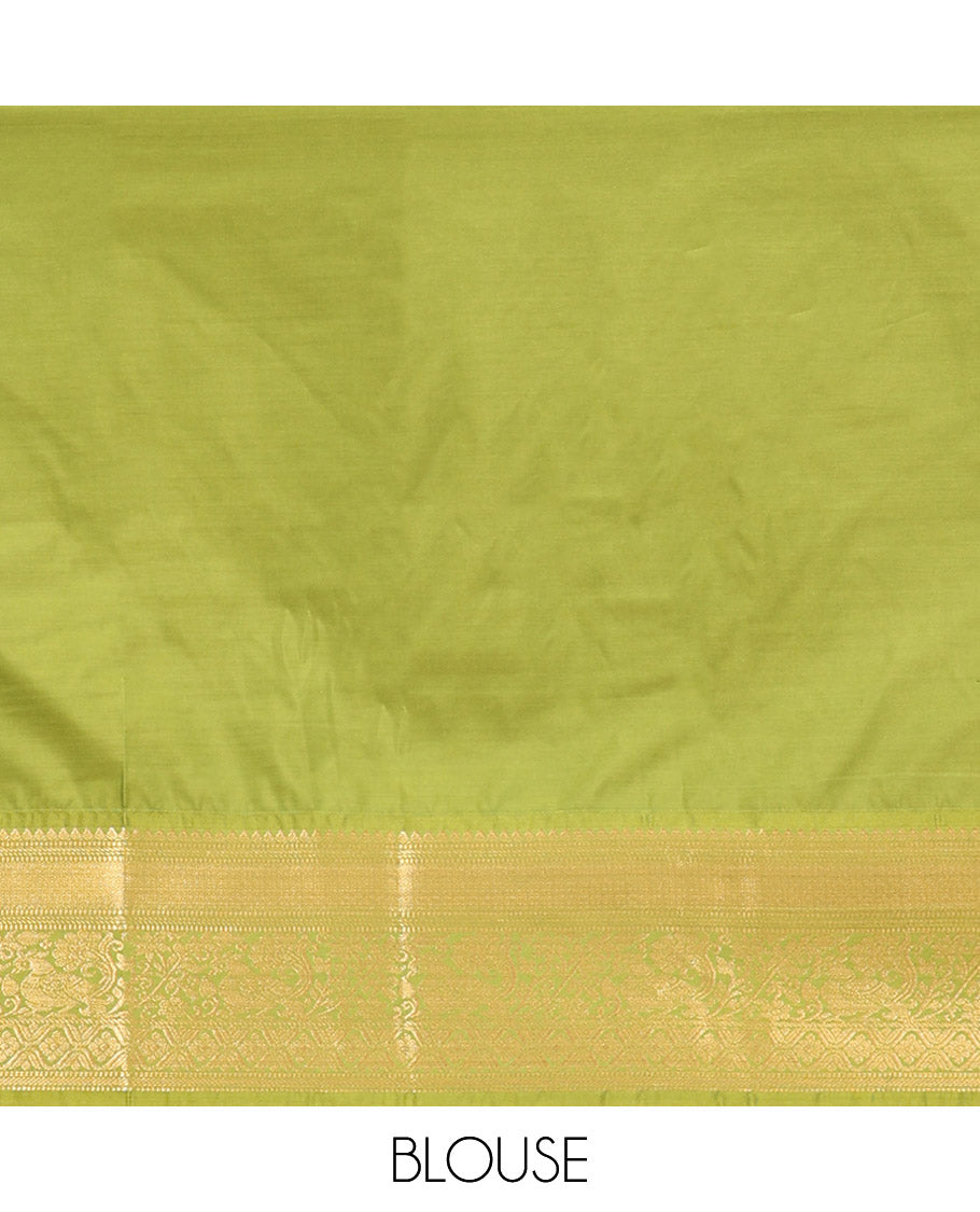 M.s Blue-Green Budget Silk Saree, Boldly Accentuated with Zari Buttas, Complemented by a Contrast Traditional Zari Border, Grand Pallu, and a Contrast Blouse