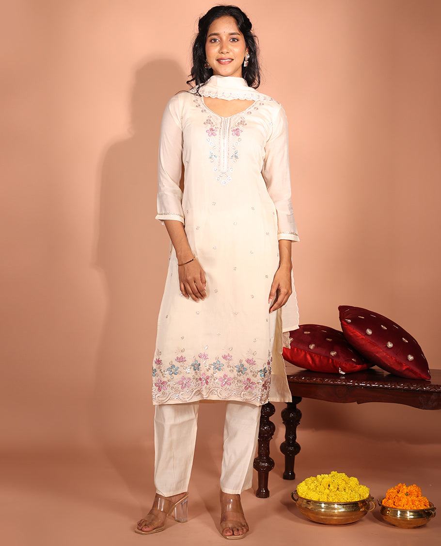 Cream Chanderi Silk Readymade Suit