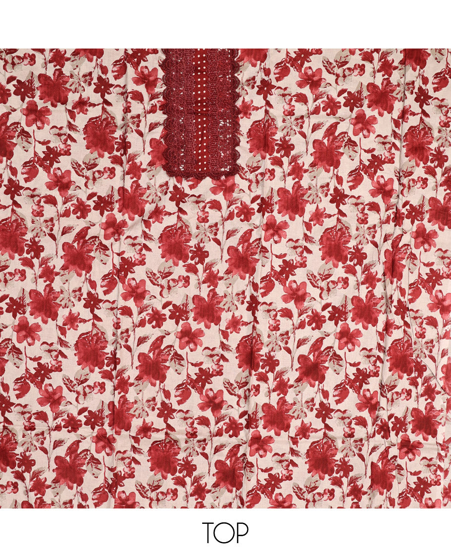 Red Material Chudidar Set, Adorned with Floral Motifs Print and Embroidery on Cotton Top, a Polka Dot Printed Cotton Bottom, and Paired with a Floral Printed Cotton Dupatta