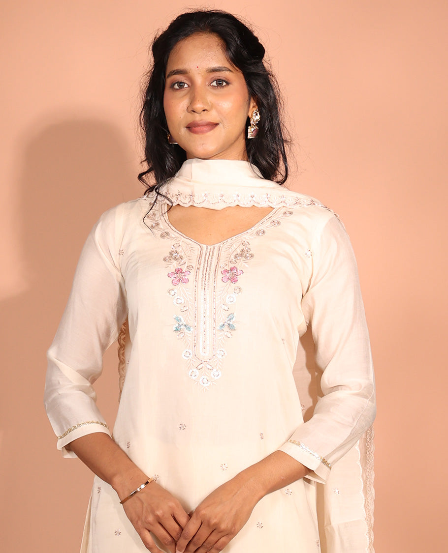 Cream Chanderi Silk Readymade Suit