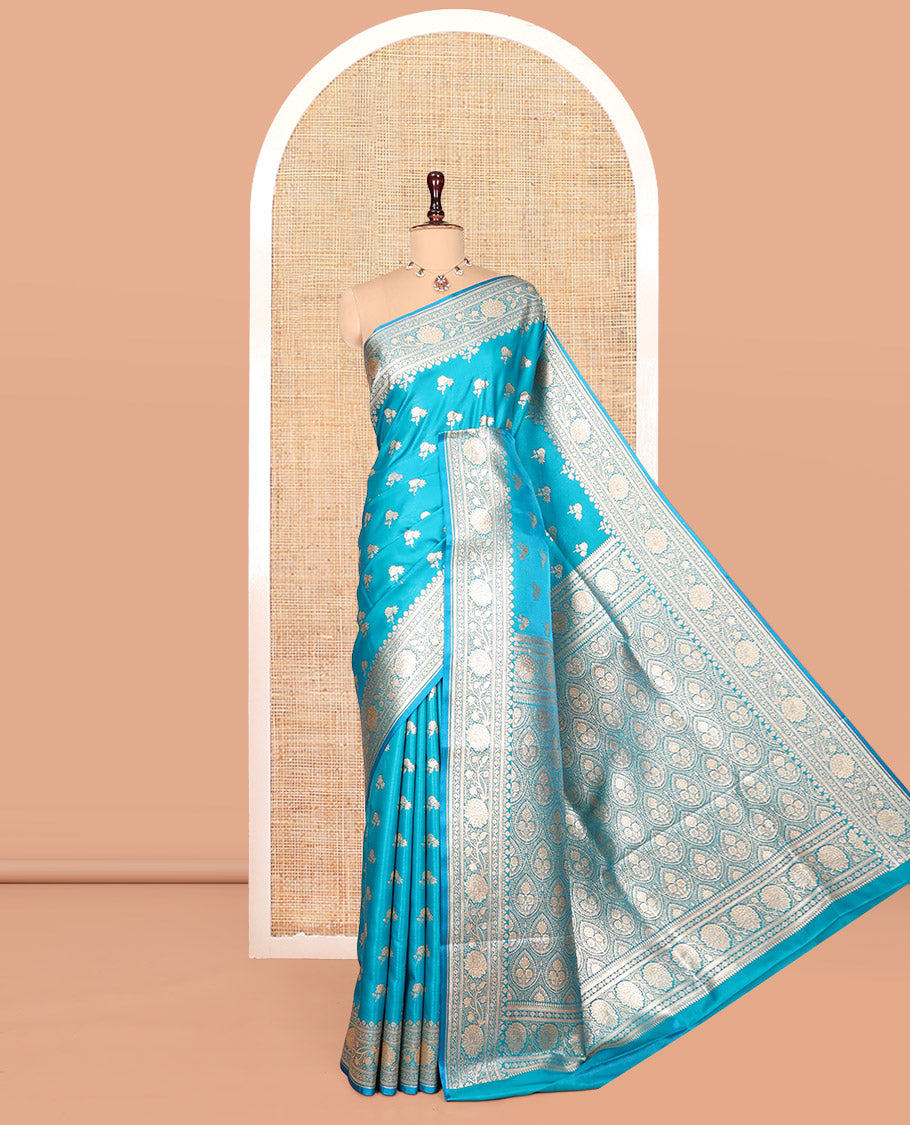 Blue Banarasi Nylon Saree, Detailed with Buttas, Floral Creeper Zari Border, Intricate Pallu, and a Matching Blouse