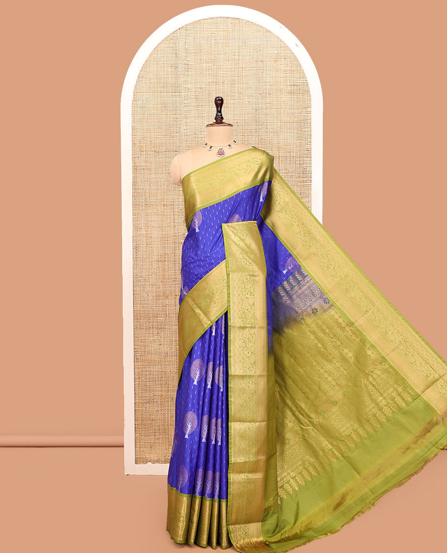 M.s Blue-Green Budget Silk Saree, Boldly Accentuated with Zari Buttas, Complemented by a Contrast Traditional Zari Border, Grand Pallu, and a Contrast Blouse