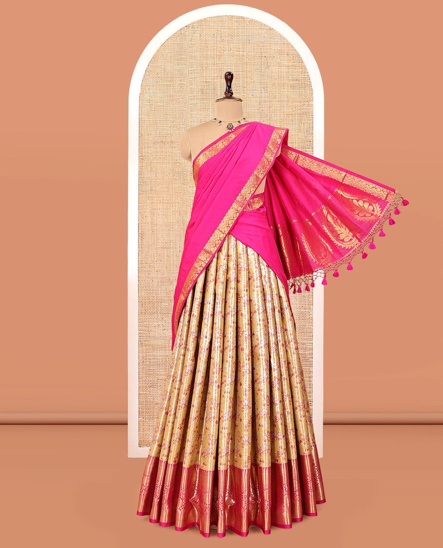 Sandal Art Silk Material Half Saree, Majestically Detailed with Jacquard Skirt, a Contrast Floral Vine Zari Border, Contrast Blouse, and an Intricate Dhavani