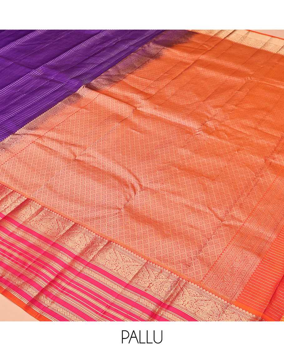 Violet-Pink Vasundhara Silk Saree Features Zari Stripes, a Contrast Border of Thilakam Mokku, Muthu, Mayil, Neli, and Cross Kamalam, Jaal Pallu, and a Contrast Blouse