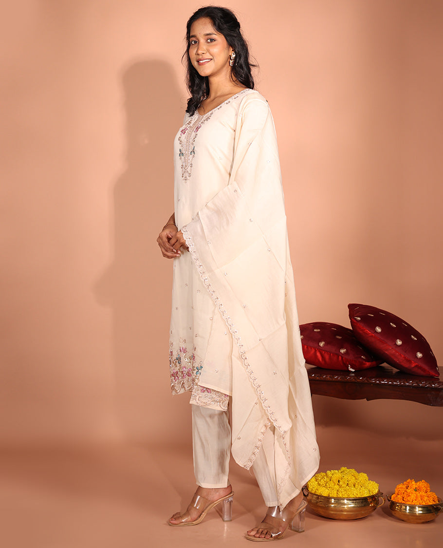 Cream Chanderi Silk Readymade Suit