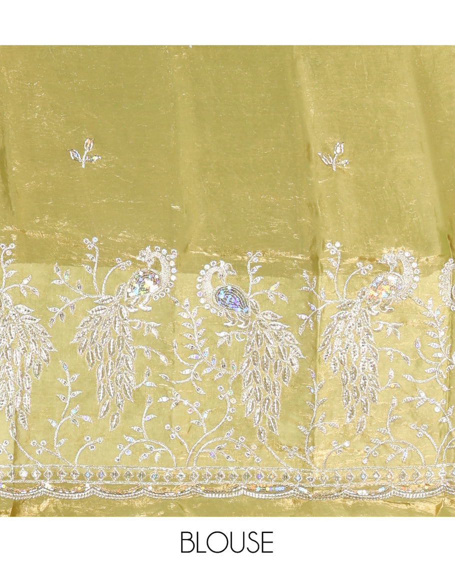 Borderless Elachi Green Plain Fendi Chiffon Saree, a Self-Pallu, and a Matching Peacock Embroidered Blouse