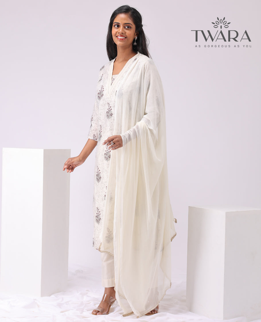 Twara white floral design v neck, 3/4 th sleeve, below knee lenght with straight pants & plain dupatta