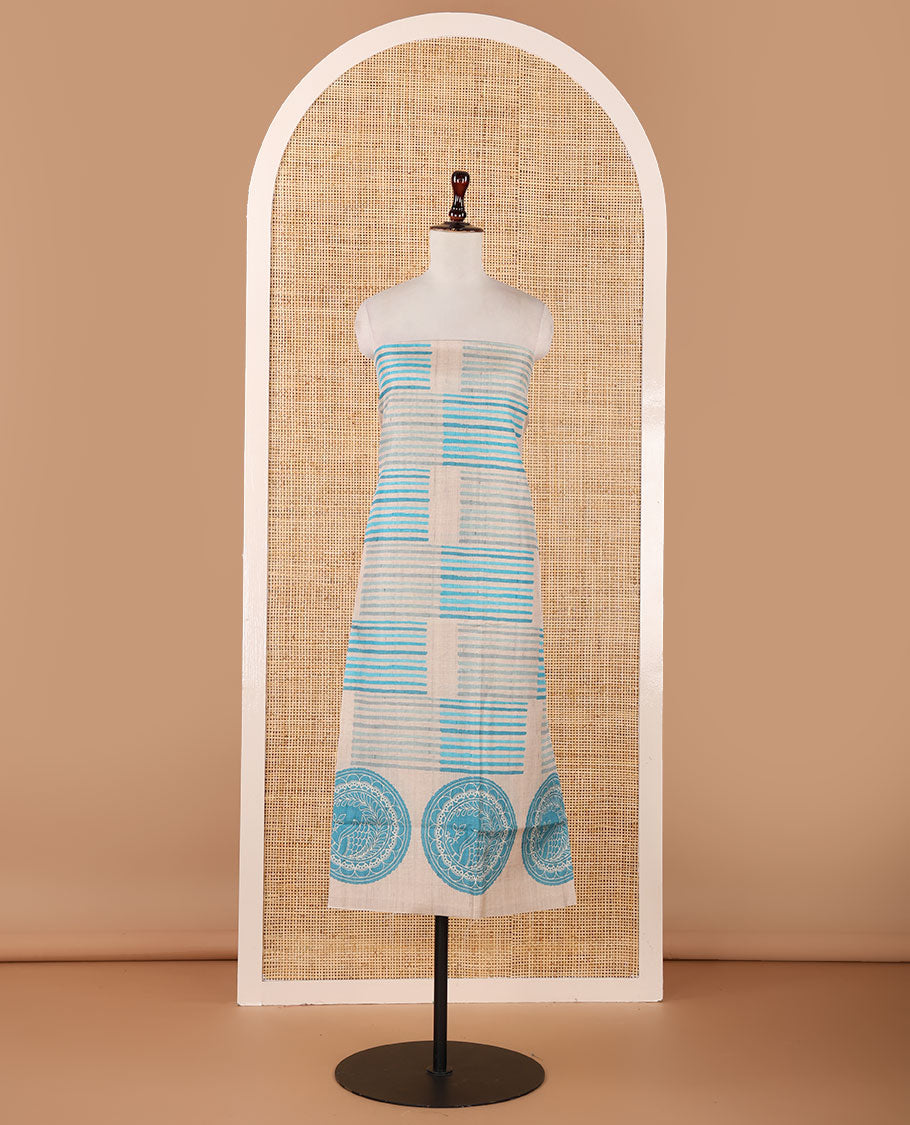 Chikku semi-tussar material chudidar set,geometric & round peacock motif print top, blue bottom & geometric & round peacock print dupatta