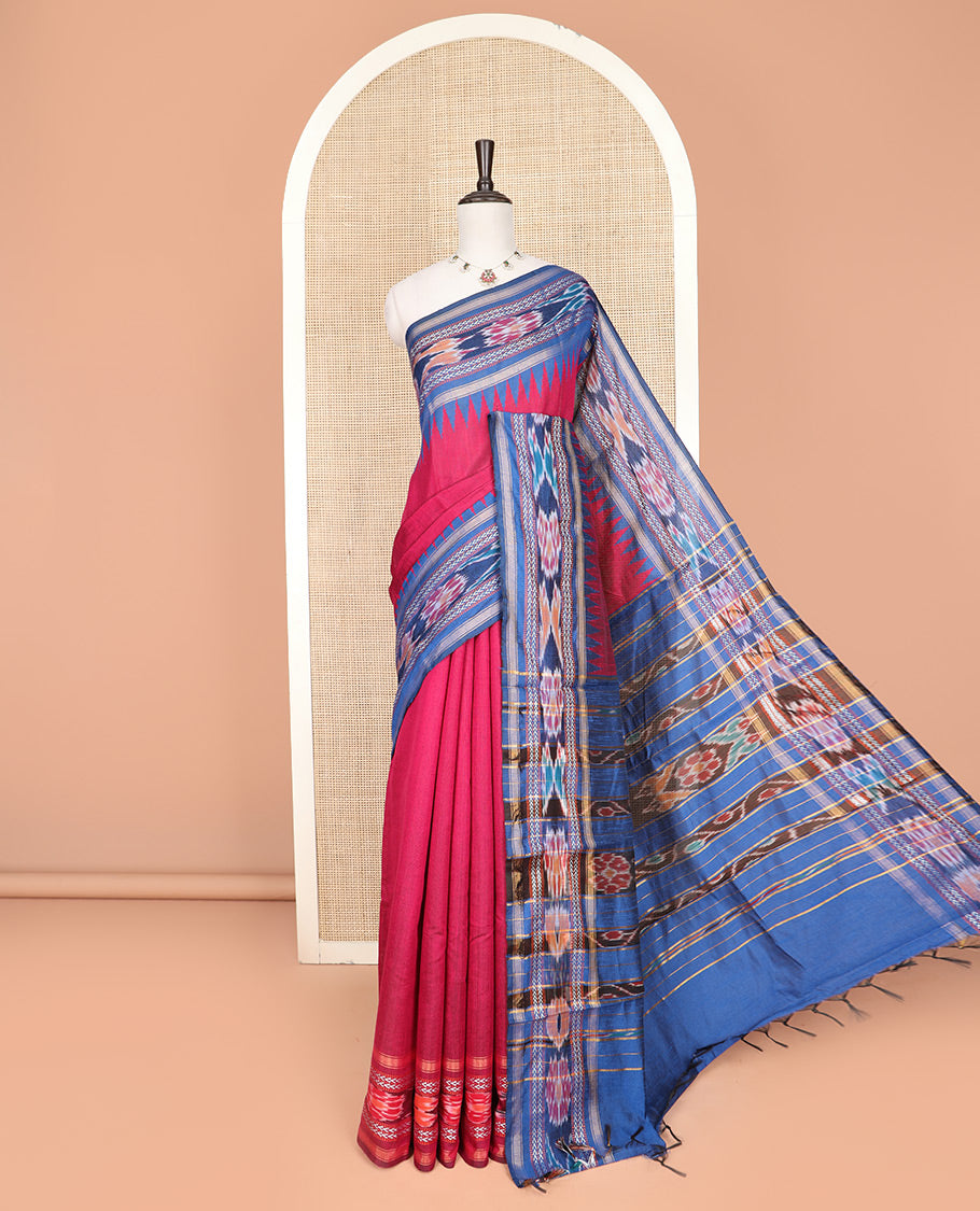 Pink Plain Dupion Silk Saree, Captivated by a Contrast Temple Border of Geometric Patterns and Ikkat Weave, Pallu Depicting Floral Ikkat Designs, and Paired with a Contrast Blouse