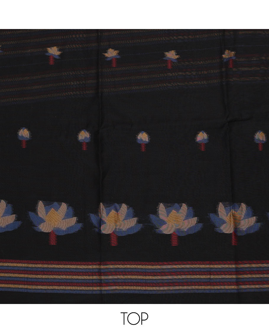 Black chudidhar material set, striped floral motifs top, blue plain bottom & floral motifs dupatta