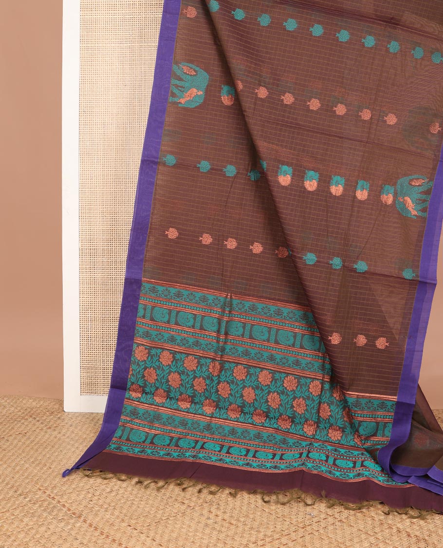Brown checked, floral design coimbatore cotton saree with contrast border & floral design pallu