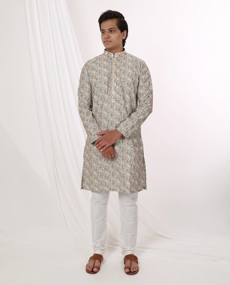 mint green abstract design with sequins work mandarin collar & full-sleeve long raw silk kurta