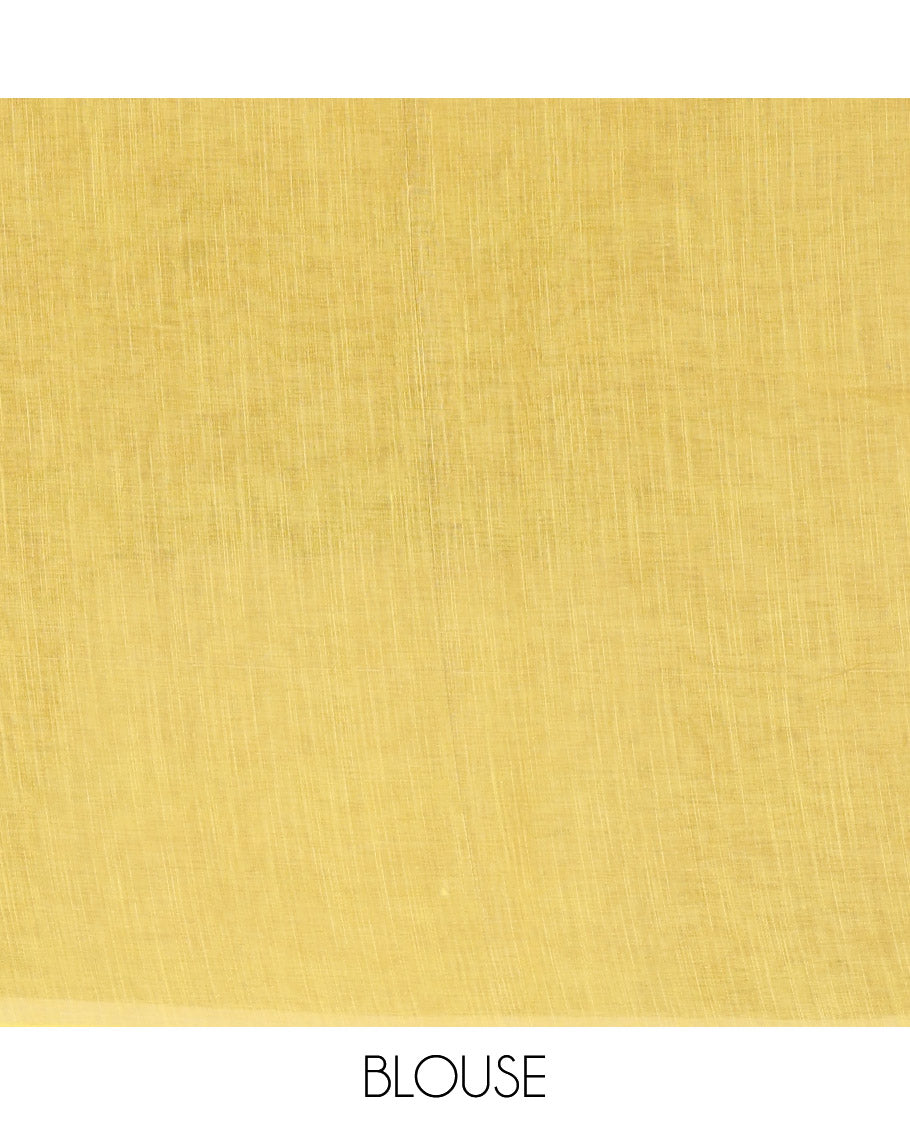 Borderless Yellow Linen Cotton Saree, Adorned with Micro-Checks and Pichwai Lotus Print, a Subtle Pallu, and a Matching Blouse