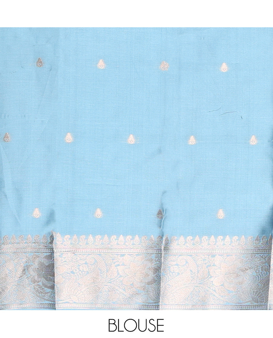 Borderless Sky Blue Kanchi Silk Saree, Elegantly Highlighted with Zari Buttas, Intricate Pallu, and a Matching Blouse