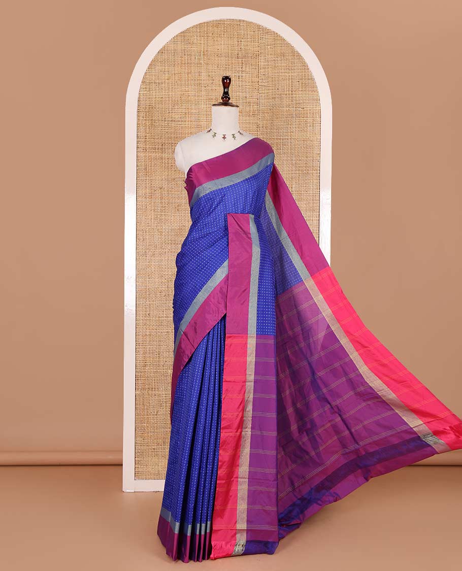 Royal blue-pink plus-shaped buttas steeped semi-soft silk saree, contrast satin border of stripes, striped pallu, and contrast blouse