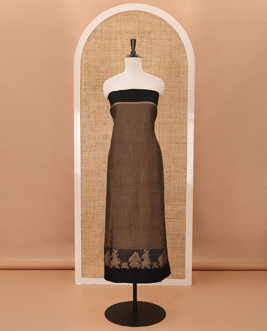 Walnut brown mercerised cotton material chudidar set, Madhubani-style bride-groom motif woven top, bottom & dupatta