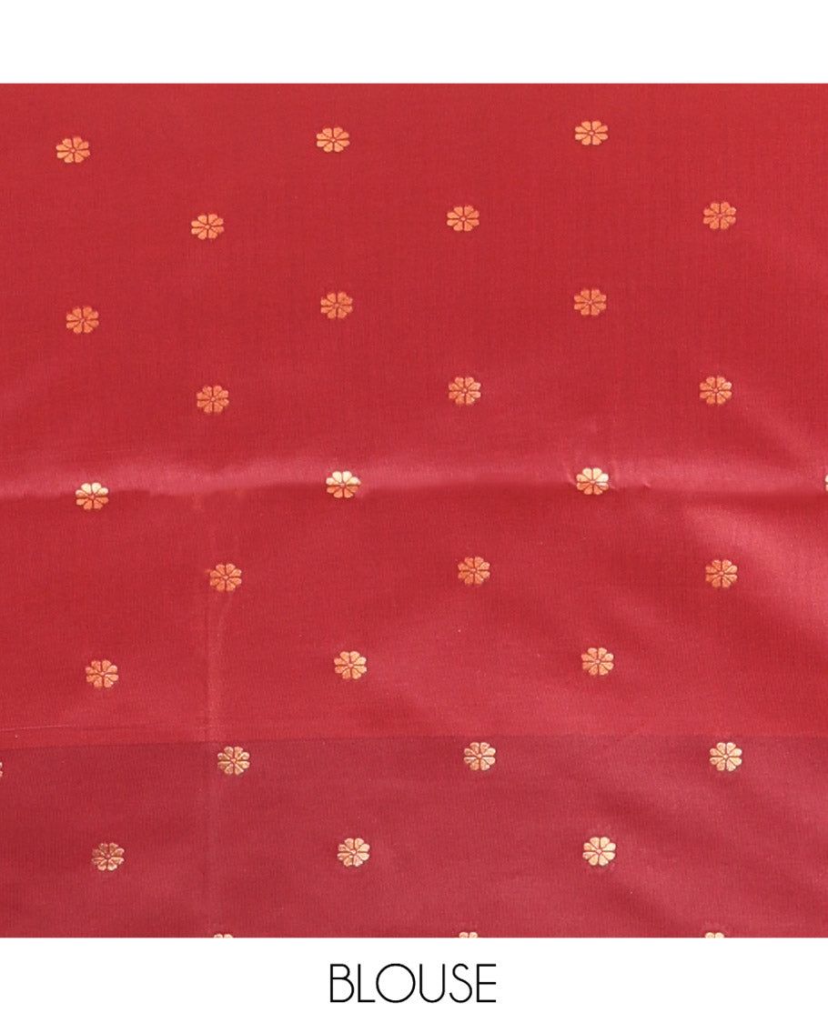 Rust Fancy Soft Silk Saree, Elevated with Zari Buttas and Zari Stripes, Complemented by a Contrast Border of Hexagon-Shaped Designs, Majestically Detailed Pallu, and Paired with a Contrast Blouse