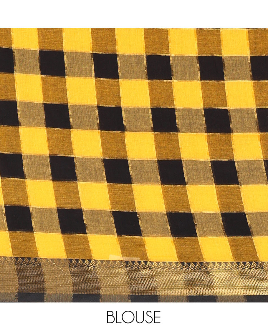 Yellow Checked Khadi Mul Cotton Saree, Highlighted by Zari Traditional Border, Zari Checked Pallu, and Paired with a Matching Blouse