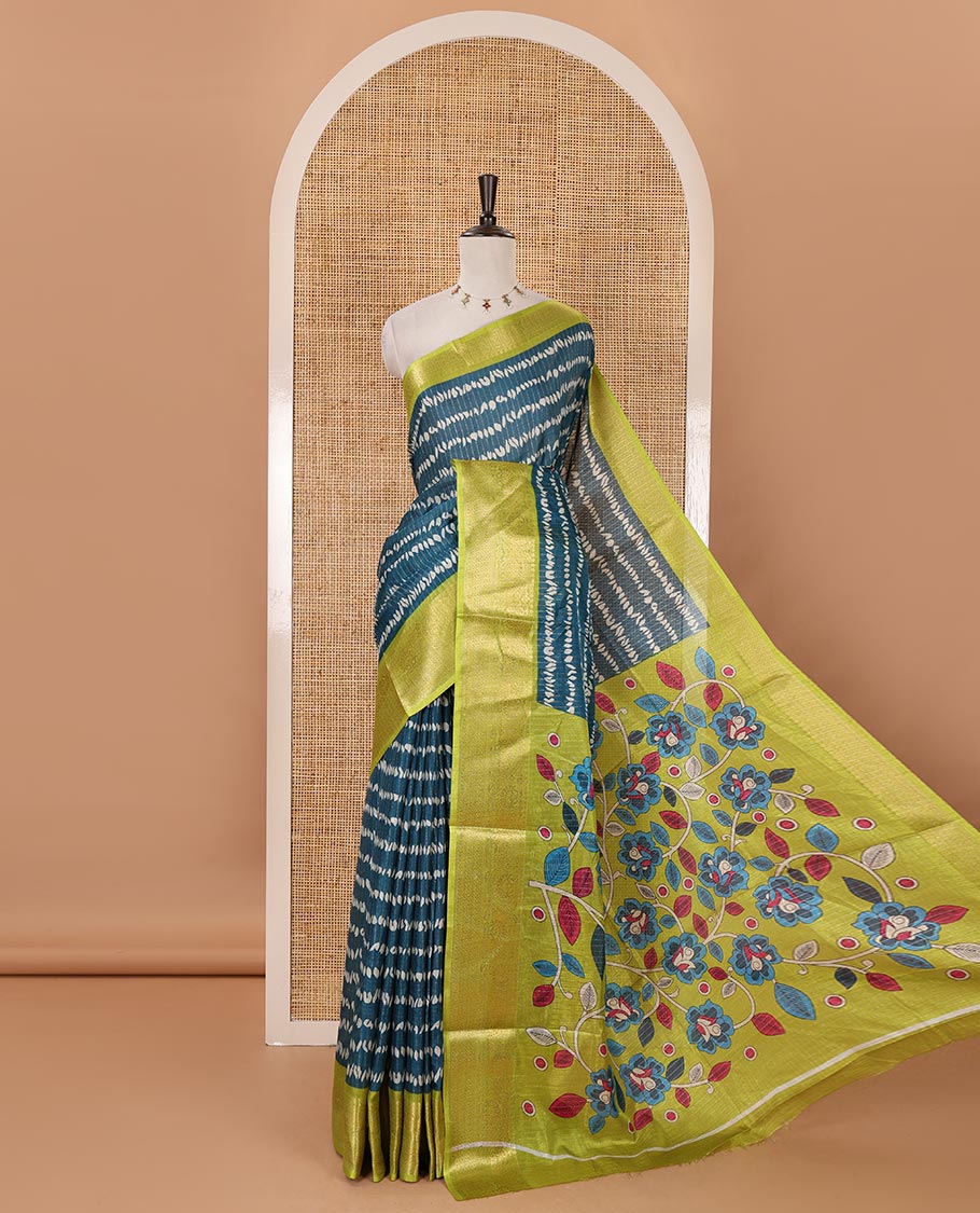 Rama green zari striped & uniquely printed soft tusser saree,contrast traditional zari border,kalamkari floral print pallu & zari design blouse