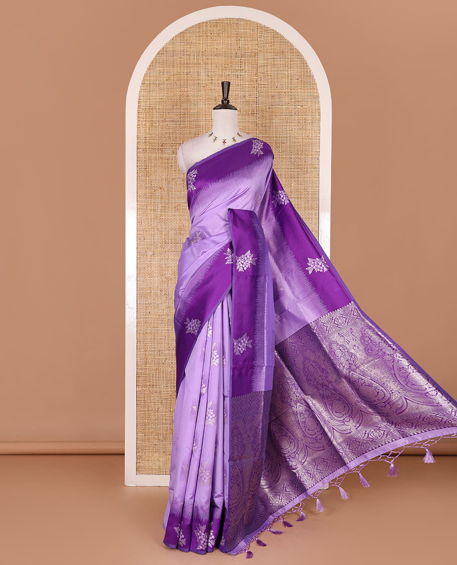 Lavender-violet floral buttas elite soft silk saree, contrast floral buttas border, and pallu of Mughal-style intricate zari designs