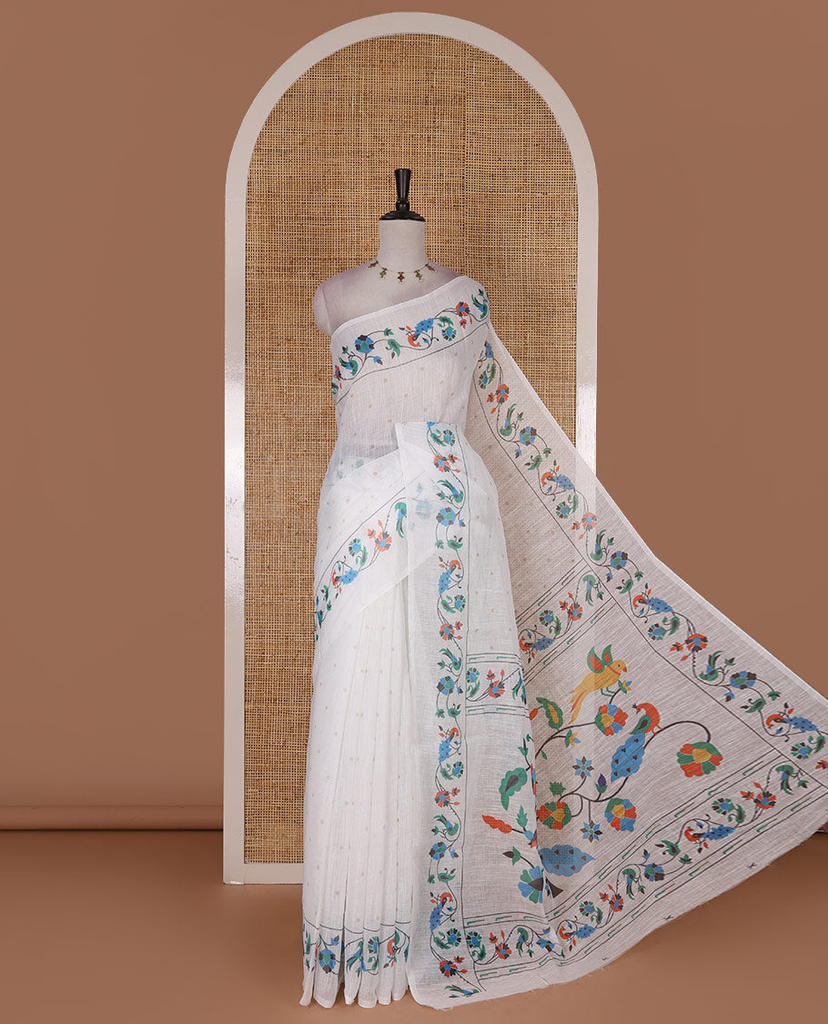 White buttas linen cotton saree, self-border of floral and peacock motifs paithani style printed border, pallu and plain blouse