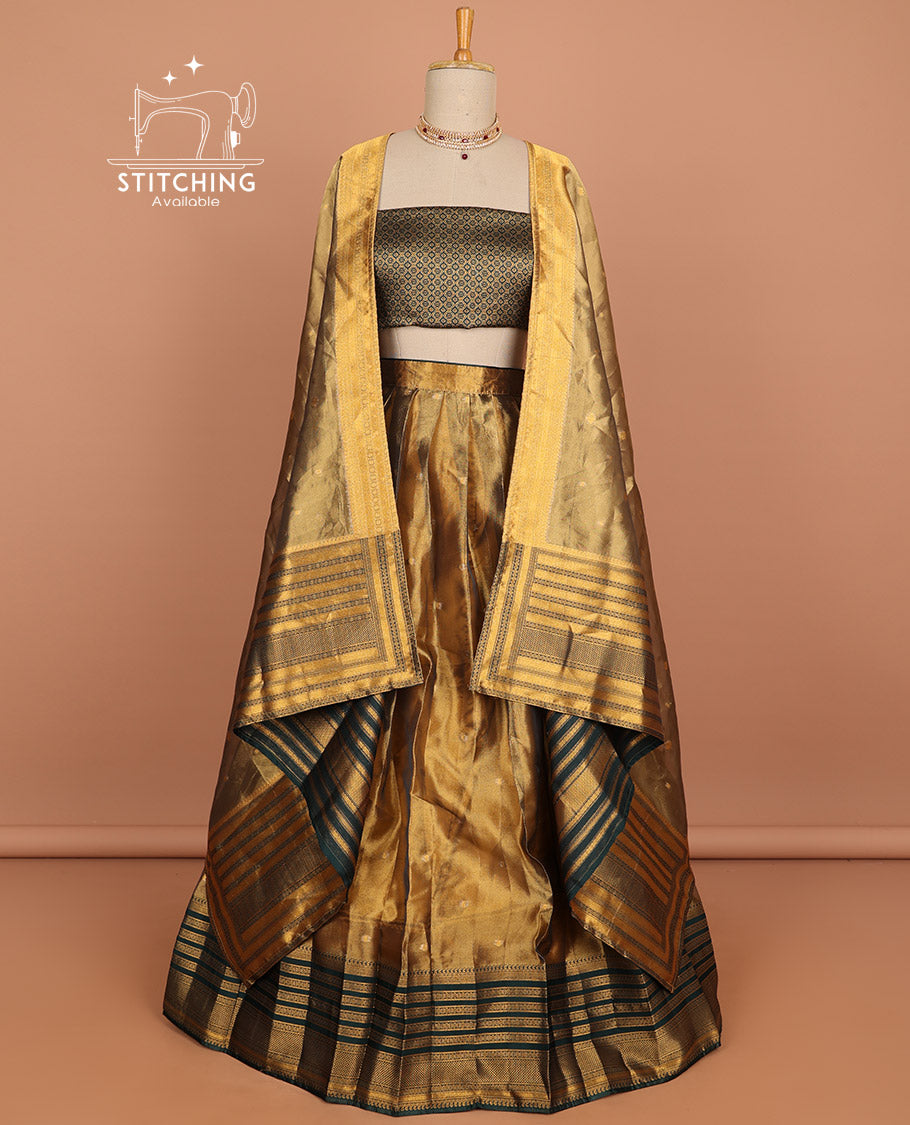 Brown buttas half saree with contrast dark green striped border, ogee zari design blouse & butta , striped zari design dhavani