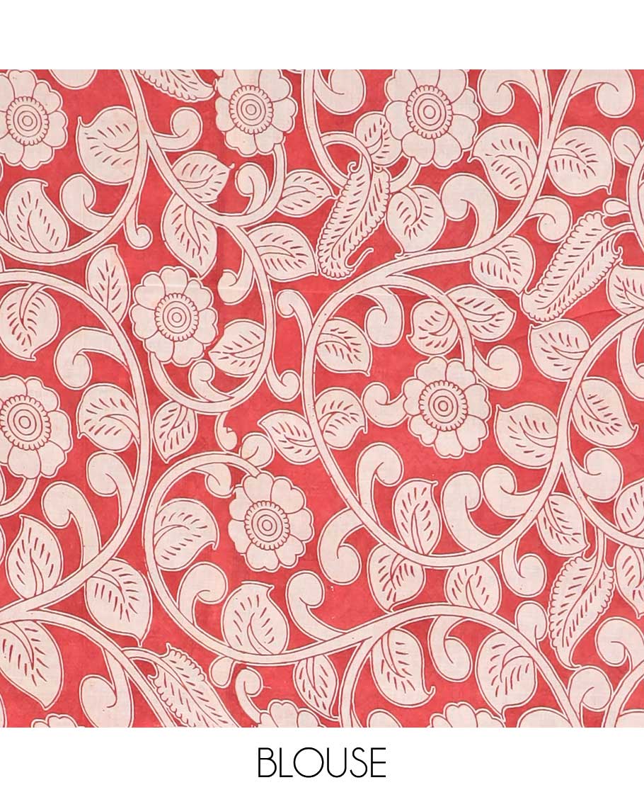 Brown floral vine machine-printed kalamkari cotton saree, contrast diamond border & floral & geometric border