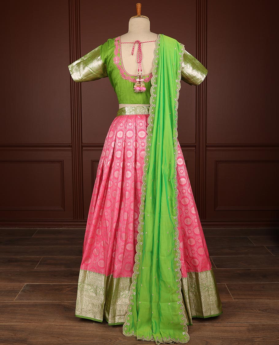 pink floral design half saree witn contrast zari design border, floral embroidery blouse & floral embroidery dhavani
